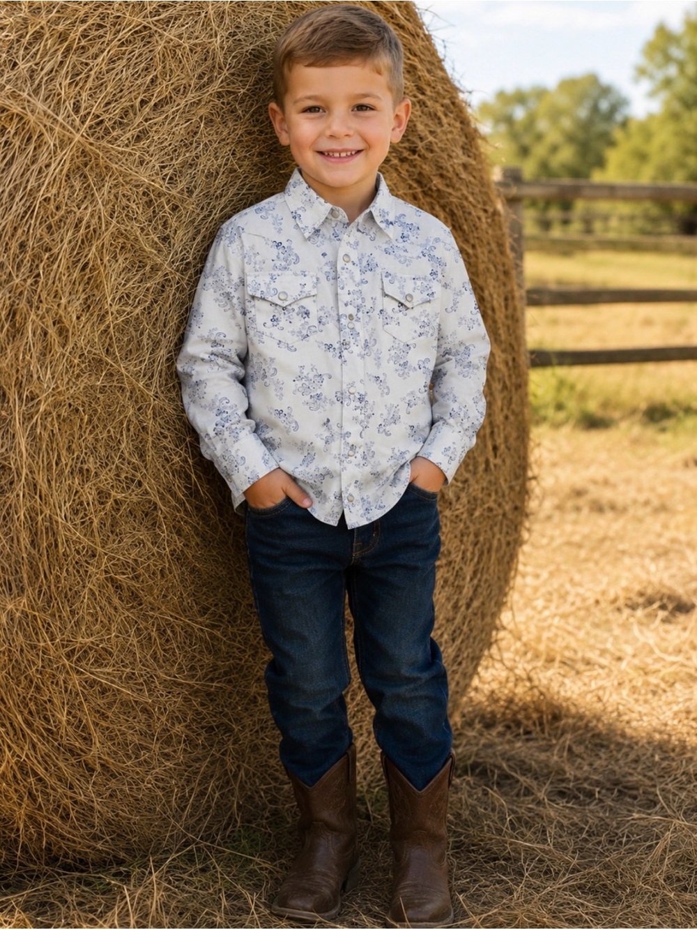 Youth boy's Roper Pearl Snap Blue White WESTERN SHIRT Size S(6-6X)